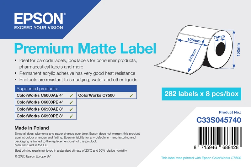 Epson C33S045740 Matte White Die-Cut Label Roll - (282 Labels - 105 x 210 mm)