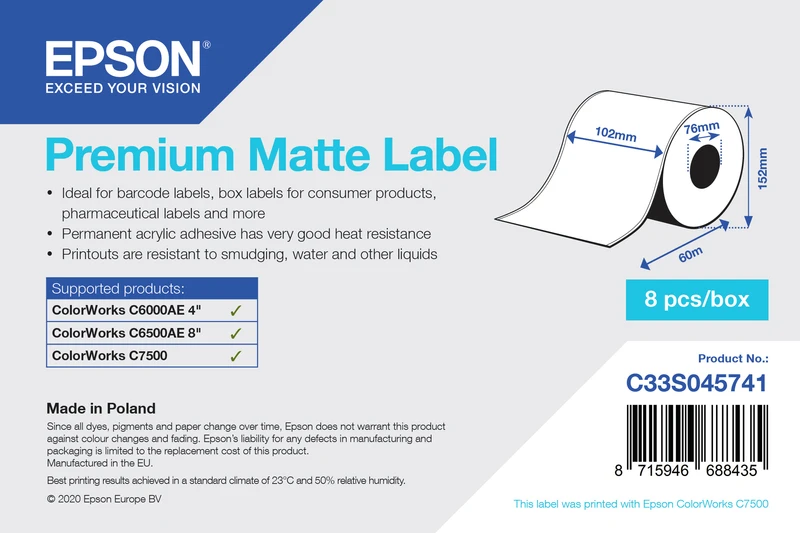 Epson C33S045741 Matte White Continuous Label Roll - (102 mm x 60 m)