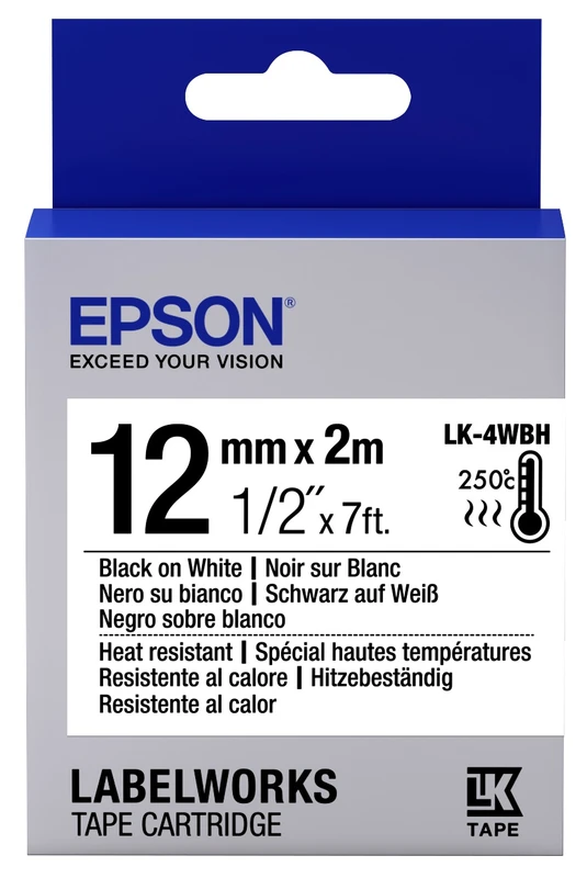 Epson C53S654025 Black On White Heat Resistant Labelling Tape 12mm x 2m - (LK-4WBH)