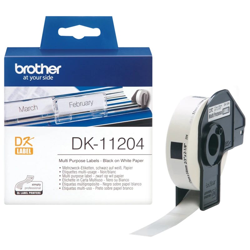 Brother DK-11204 400 x Black On White 17mm x 54mm Adhesive Multi Purpose Labels Paper