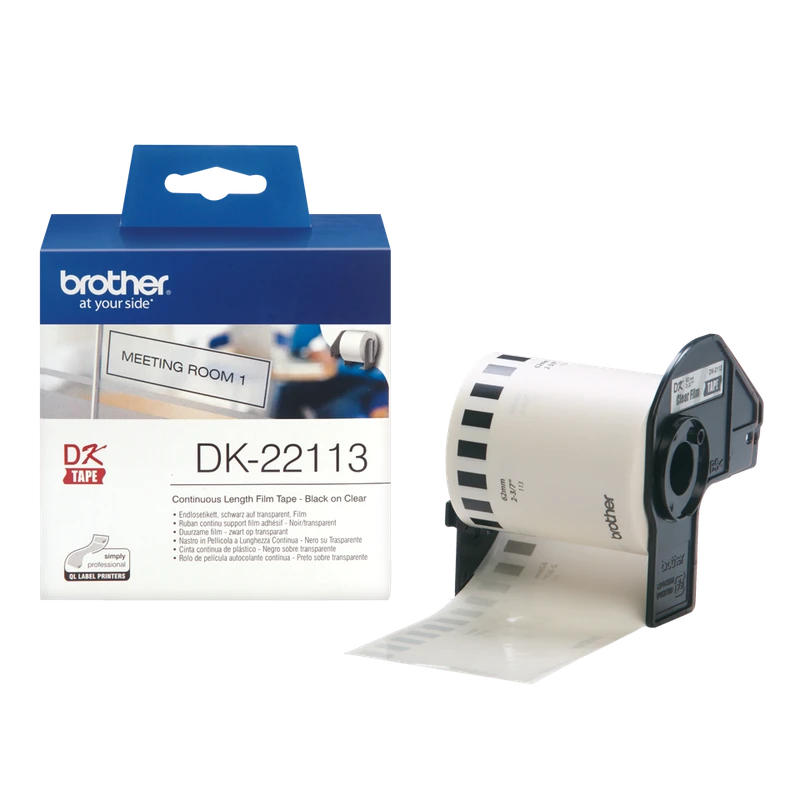 Brother DK-22113 Black On Clear 62mm x 15.24m Permanent Adhesive Continuous Clear Film Tape
