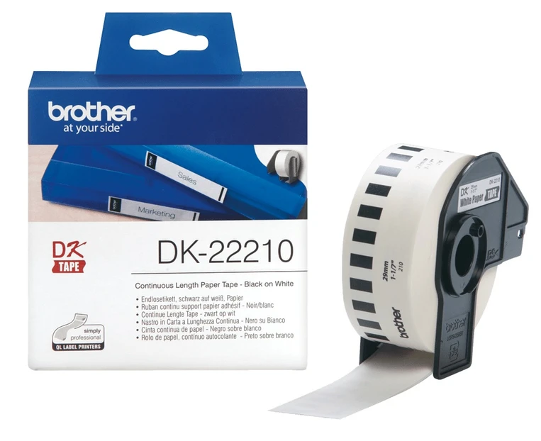 Brother DK-22210 Black On White 29mm x 30.48m Strong Adhesive Continuous Paper Tape Paper
