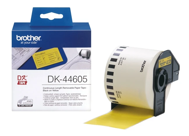 Brother DK44605 Black On Yellow 62mm x 30.48m Continuous Adhesive Paper Tape