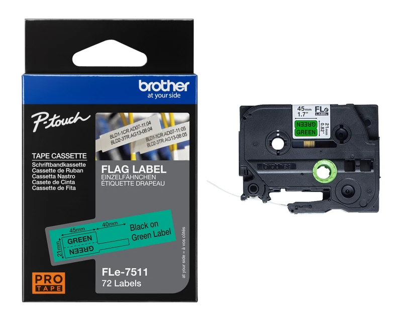 Brother FLE-7511 Black On Green Die-Cut Tape Cassette 21mm x 45mm