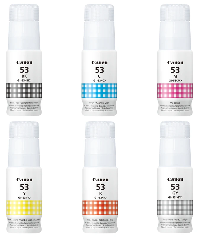 Canon GI-53 6 Colour Ink Bottle Multipack (GI-53BK, GI-53C, GI-53M, GI-53Y, GI-53GY, GI-53R)