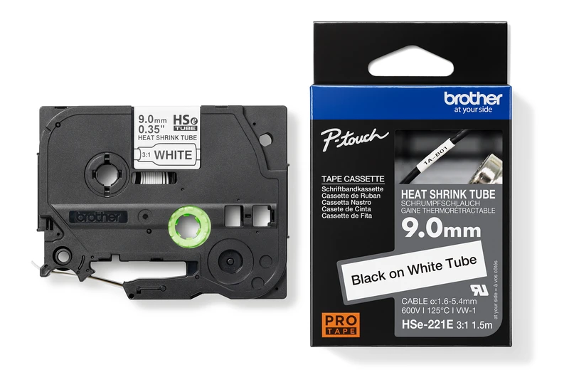 Brother HSE-221E Black On White Heat Shrink Tube Tape 9mm x 1.5m