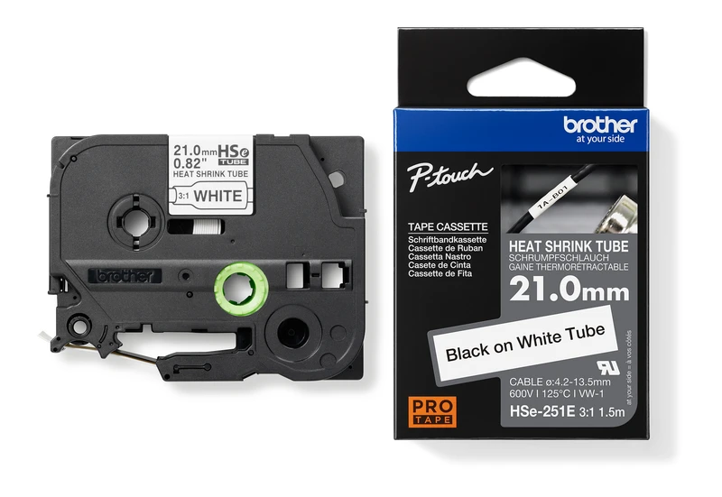 Brother HSE-251E Black On White Heat Shrink Tube Tape 21mm x 1.5m