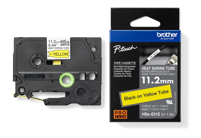 Brother HSE-631E Black On Yellow Heat Shrink Tube Tape 11.2mm x 1.5m
