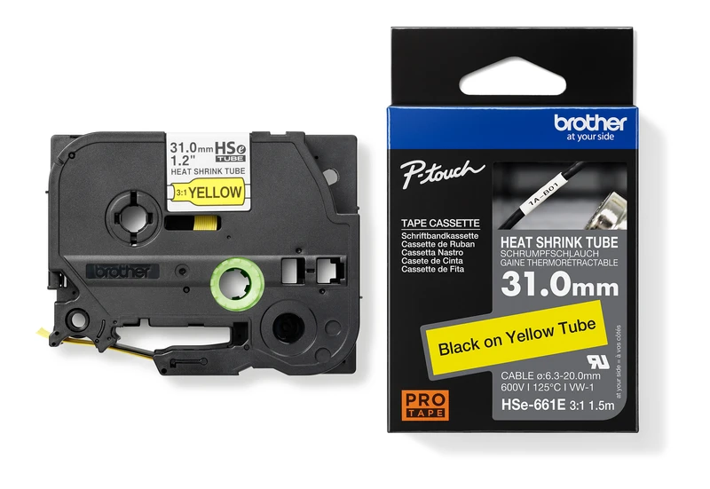 Brother HSE-661E Black On Yellow Heat Shrink Tube Tape 31mm x 1.5m