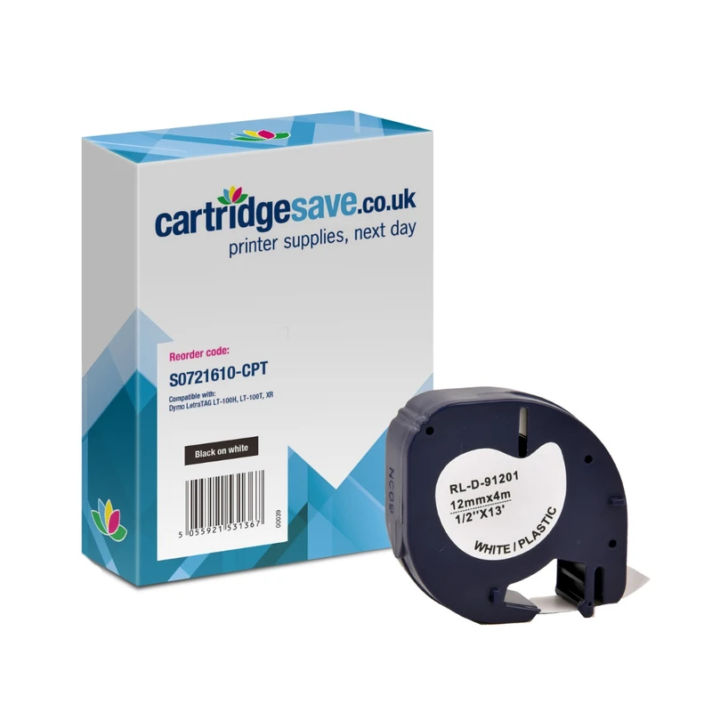 Compatible Dymo S0721610 Black On White LetraTag Adhesive Label Plastic Tape 12mm x 4m