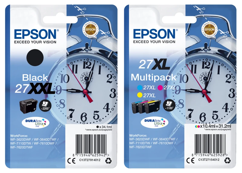 Epson 27XXL Extra High Capacity Black & 27XL High Capacity 3 Colour Ink Cartridge Multipack - (Alarm Clock)