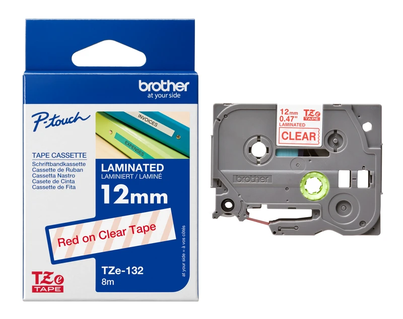 Brother TZe-132 Red On Clear Laminated P-Touch Adhesive Labelling Tape 12mm x 8m