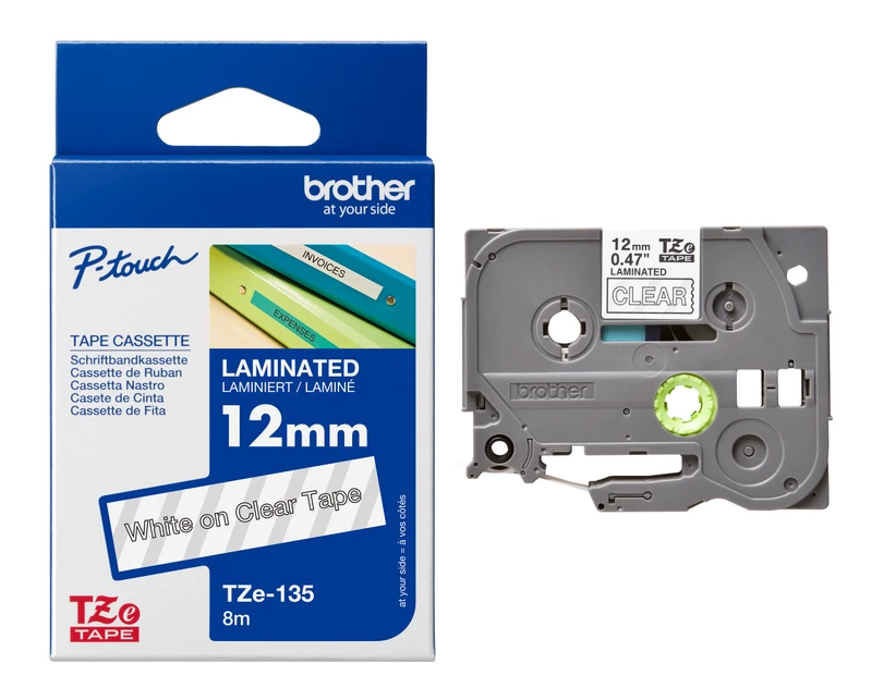 Brother TZe-135 White On Clear Laminated P-Touch Adhesive Labelling Tape 12mm x 8m