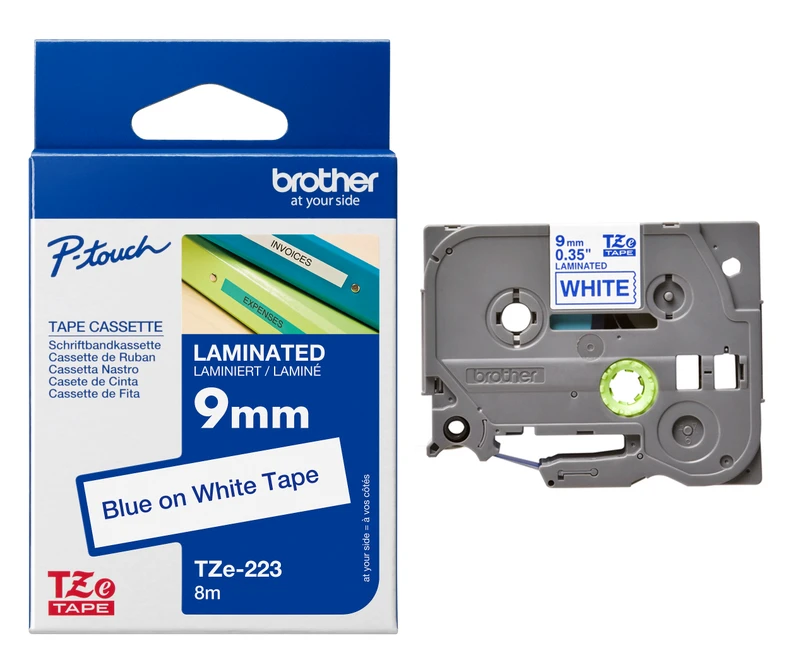 Brother TZe-223 Blue On White Laminated P-Touch Adhesive Labelling Tape 9mm x 8m