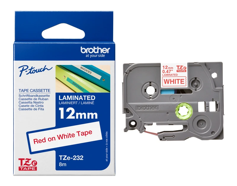 Brother TZe-232 Red On White Laminated P-Touch Adhesive Labelling Tape 12mm x 8m