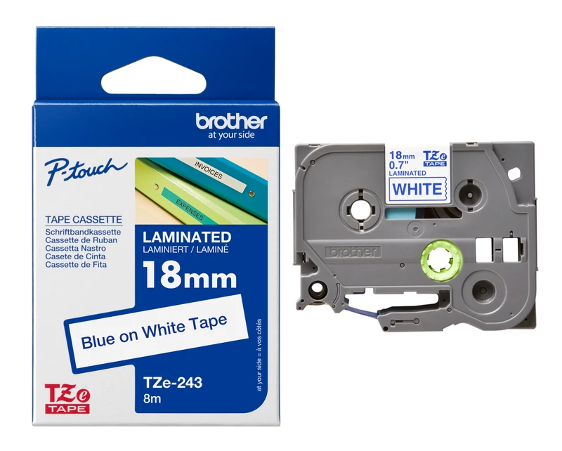 Brother TZe-243 Blue On White Laminated P-Touch Adhesive Labelling Tape 18mm x 8m