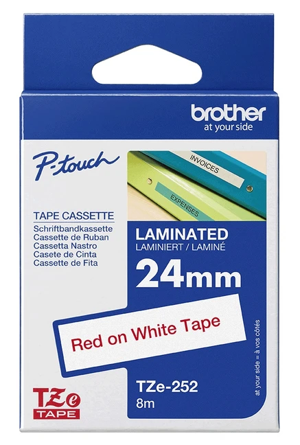 Brother TZe-252 Red On White Laminated P-Touch Adhesive Labelling Tape 24mm x 8m