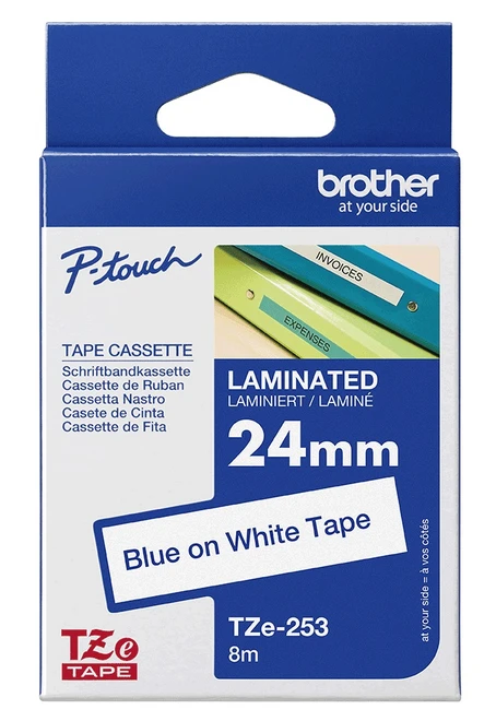 Brother TZe-253 Blue On White Laminated P-Touch Adhesive Labelling Tape 24mm x 8m