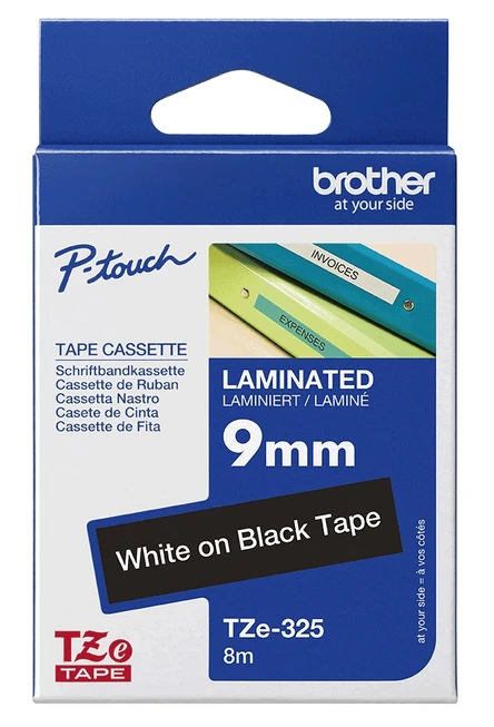 Brother TZe-325 White On Black Laminated P-Touch Adhesive Labelling Tape 9mm x 8m