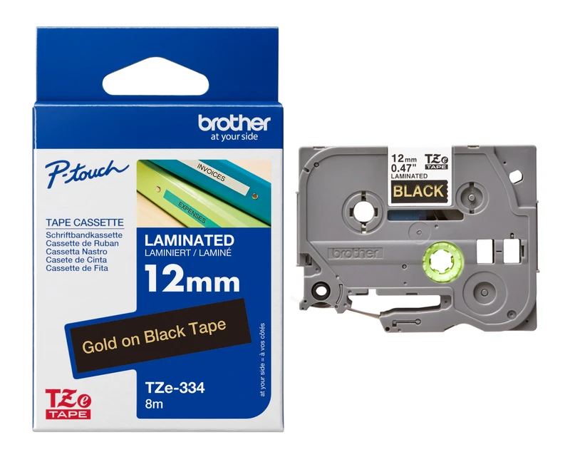 Brother TZe-334 Gold On Black Laminated P-Touch Adhesive Labelling Tape 12mm x 8m