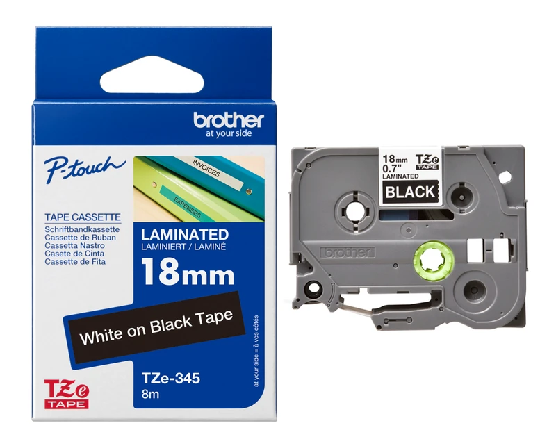 Brother TZe-345 White On Black Laminated P-Touch Adhesive Labelling Tape 18mm x 8m