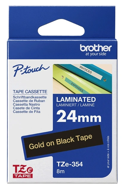 Brother TZe-354 Gold On Black Laminated P-Touch Adhesive Labelling Tape 24mm x 8m