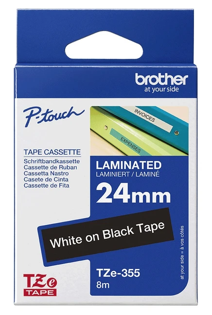Brother TZe-355 White On Black Laminated P-Touch Adhesive Labelling Tape 24mm x 8m