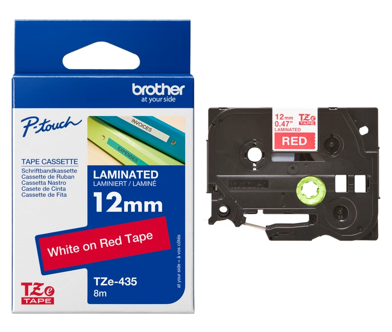 Brother TZe-435 White On Red Laminated P-Touch Adhesive Labelling Tape 12mm x 8m