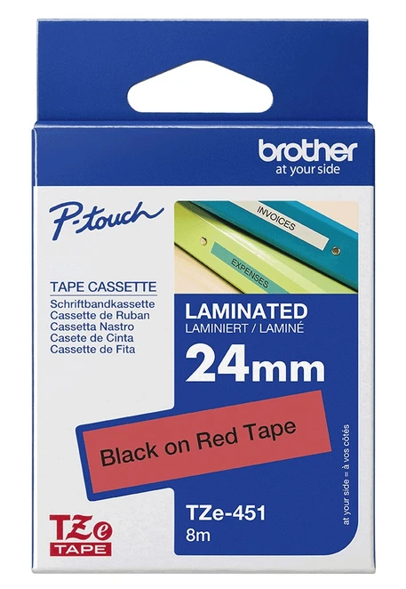 Brother TZe-451 Black On Red Laminated P-Touch Adhesive Labelling Tape 24mm x 8m