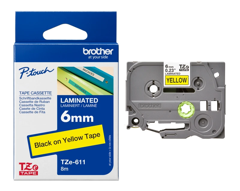 Brother TZe-611 Black On Yellow Laminated P-Touch Adhesive Labelling Tape 6mm x 8m