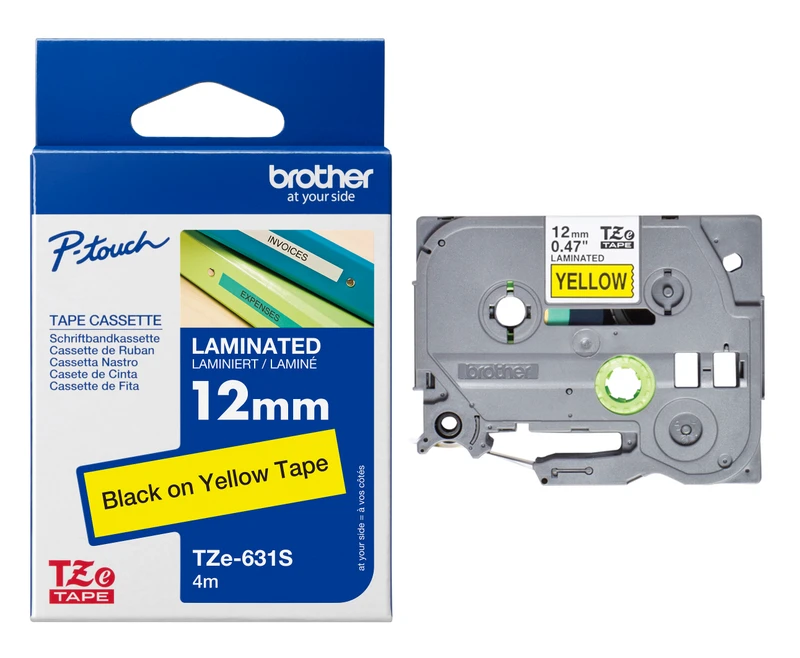 Brother TZe-631S Black On Yellow Laminated P-Touch Adhesive Labelling Tape 12mm x 4m