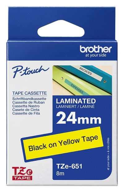 Brother TZe-651 Black On Yellow Laminated P-Touch Adhesive Labelling Tape 24mm x 8m