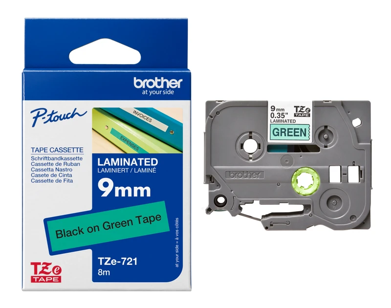 Brother TZe-721 Black On Green Laminated P-Touch Adhesive Labelling Tape 9mm x 8m