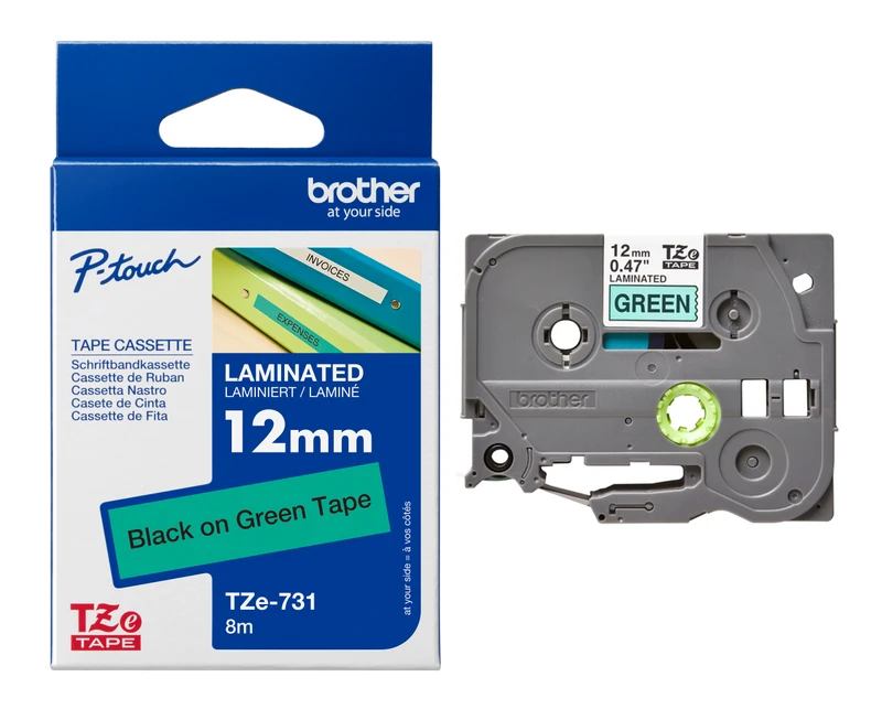 Brother TZe-731 Black On Green Laminated P-Touch Adhesive Labelling Tape 12mm x 8m