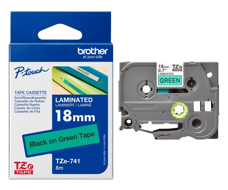 Brother TZe-741 Black On Green Laminated P-Touch Adhesive Labelling Tape 18mm x 8m