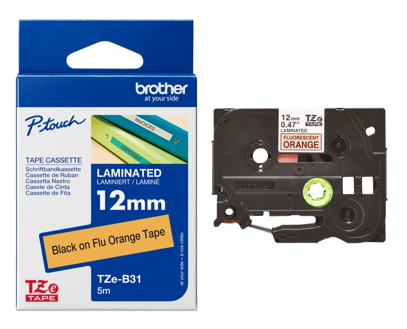 Brother TZe-B31 Black On Orange Laminated P-Touch Adhesive Labelling Tape 12mm x 8m