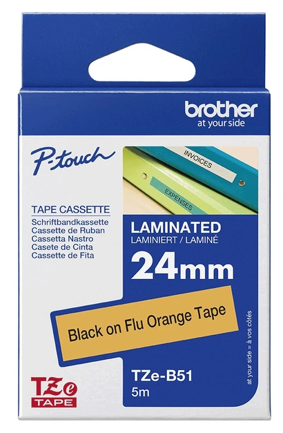 Brother TZe-B51 Black On Orange Laminated P-Touch Adhesive Labelling Tape 24mm x 5m (TZE-B51 Tape)