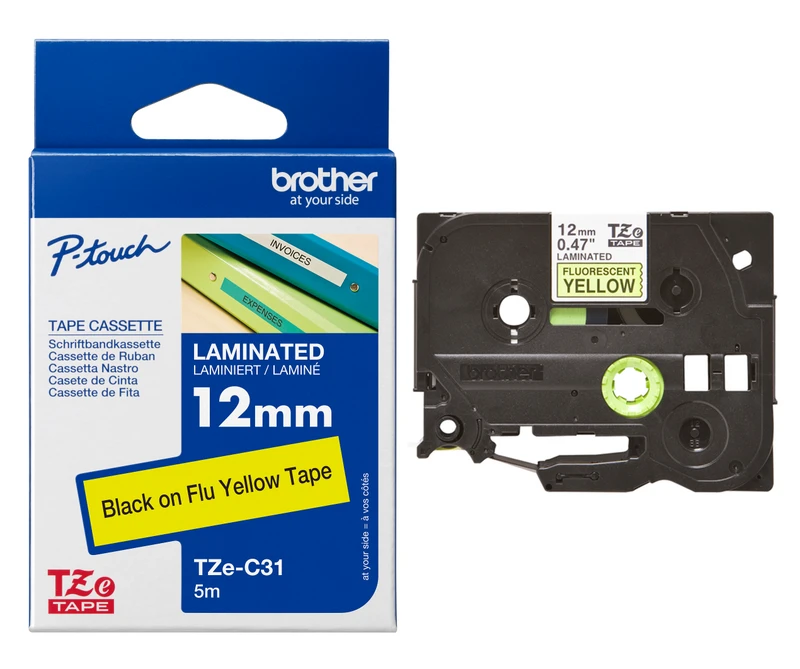 Brother TZe-C31 Black On Fluorescent Yellow Laminated P-Touch Adhesive Labelling Tape 12mm x 5m
