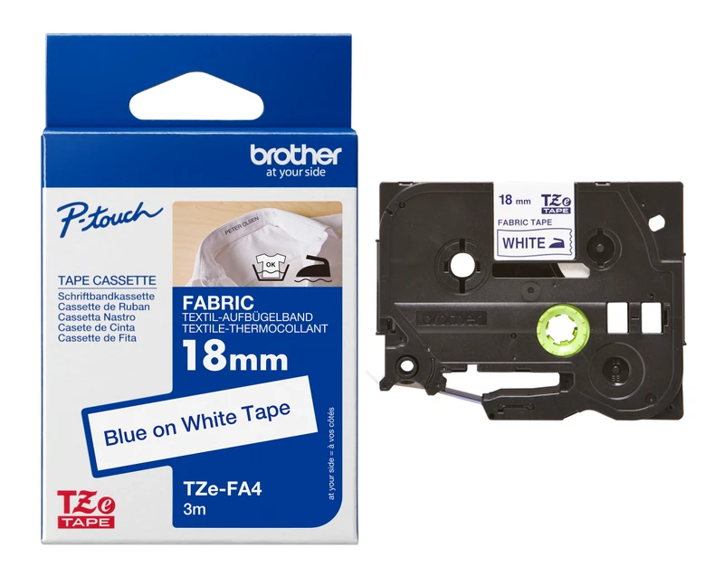 Brother TZE-FA4 Blue On White Adhesive Iron-On Fabric Tape Cassette 18mm x 3m