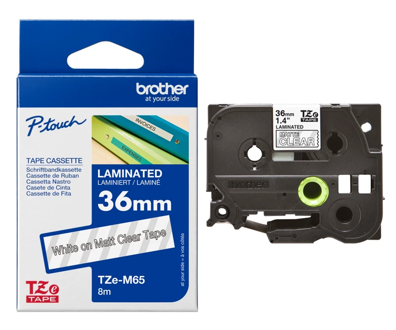 Brother TZe-M65 White On Clear Self-Adhesive Matte Laminated Labelling Tape Cassette 36mm x 8m