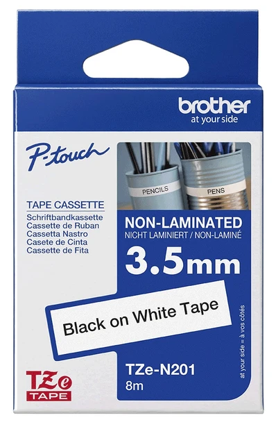 Brother TZe-N201 Black On White Non-Laminated P-Touch Adhesive Labelling Tape 3.5mm x 8m
