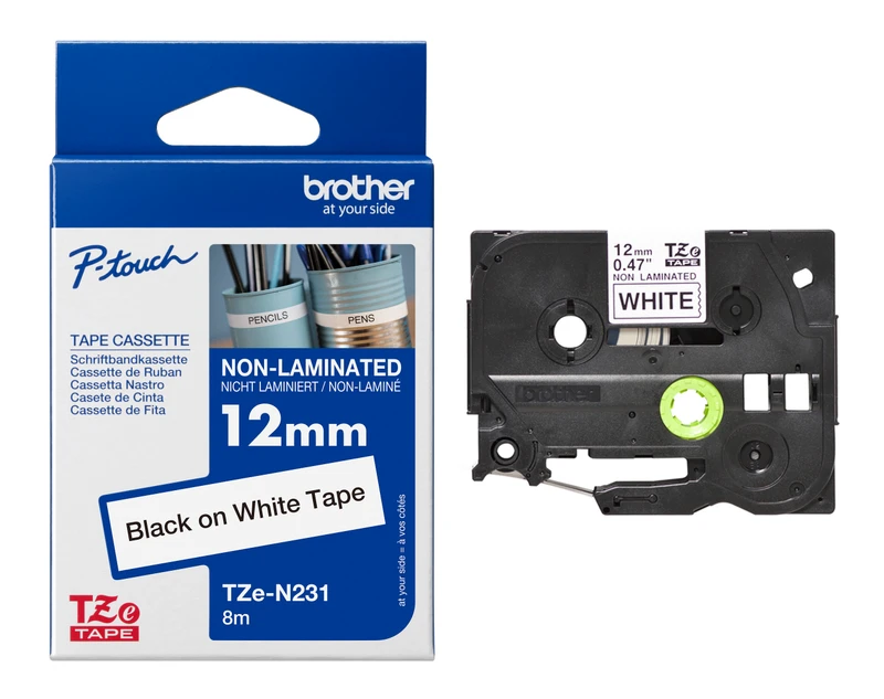 Brother TZe-N231 Black On White Non-Laminated P-Touch Adhesive Labelling Tape 12mm x 8m
