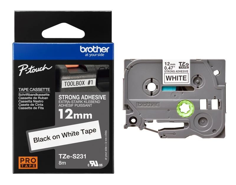 Brother TZe-S231 Black On White Strong Adhesive Laminated P-Touch Labelling Tape 12mm x 8m