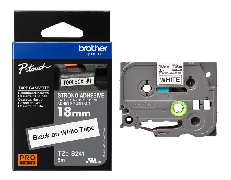 Brother TZe-S241 Black On White Strong Adhesive Laminated P-Touch Labelling Tape 18mm x 8m