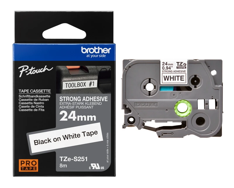 Brother TZe-S251 Black On White Strong Adhesive Laminated P-Touch Labelling Tape 24mm x 8m