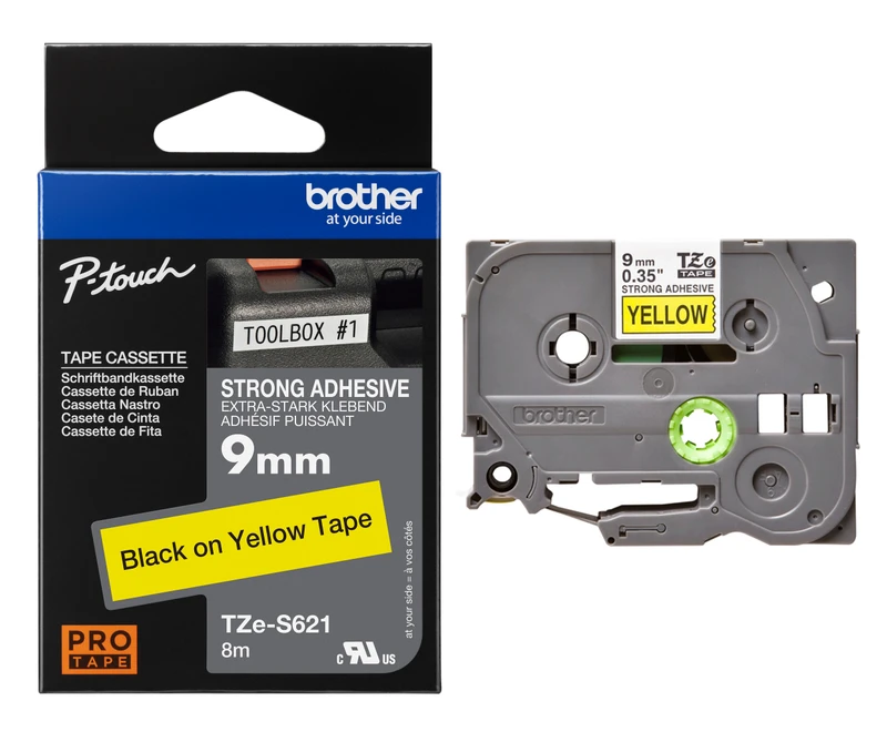 Brother TZe-S621 Black On Yellow Strong Adhesive Laminated P-Touch Labelling Tape 9mm x 8m