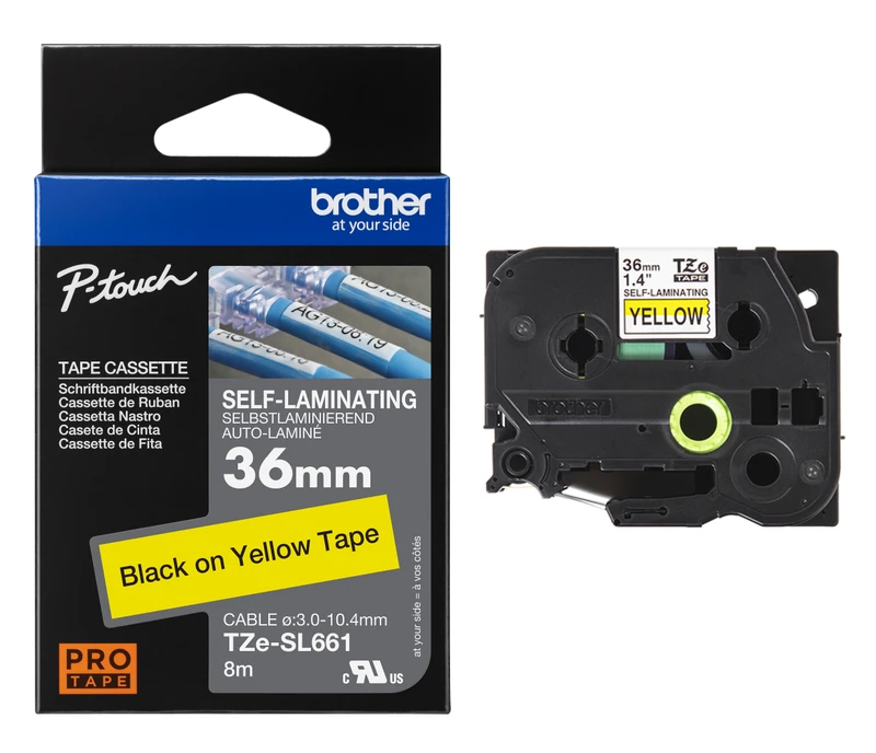 Brother TZE-SL661 Black On Yellow Self-Laminating P-Touch Adhesive Labelling Tape 36mm x 8m