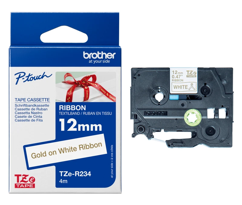Brother TZER234 Gold On White Fabric Labelling Tape 12mm x 4m