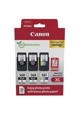 Canon PG-560XL/CL-561XL High Capacity 2 x Black & 1 x Tri-Colour Ink Cartridge & Photo Paper Multipack (3712C012)