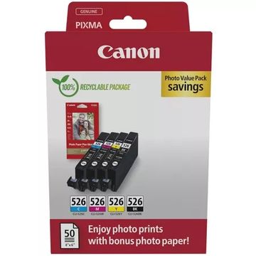 Canon CLI-526 4 Colour Ink Cartridge Multipack / 50 Sheets 4x6 photo paper - (4540B017)